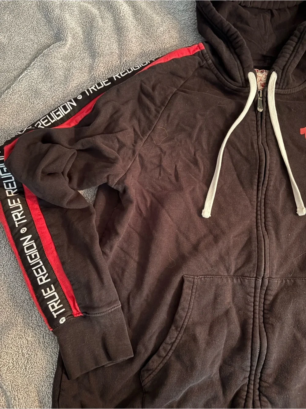 True Religion Hoodie Mens 2XL Black Red Zip Up Jacket Athletic Logo 100% Cotton